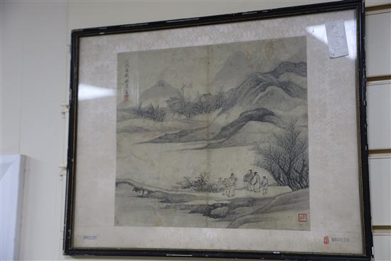 Three Chinese ink paintings after Song and Yuan old masters, largest image excluding brocade border 26.5cm x 32cm